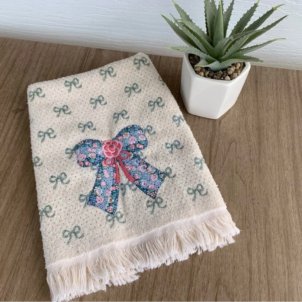 Vintage Hand Towel Bow Appliqué With Fringe Cream Pink And Blue 80s 90s Granny